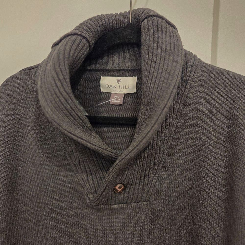 Oak Hill Fit by DXL Men's Ribbed Shawl Collar Gray Sweater Cotton Big + Tall 2XL
